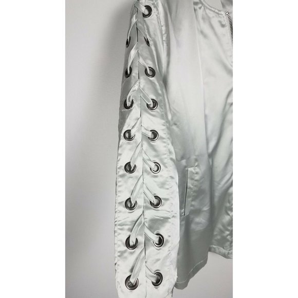Love Tree Sz. Small Silver Satin Braided Sleeve Zip Up Bomber Jacket W/ Pockets - Picture 4 of 7
